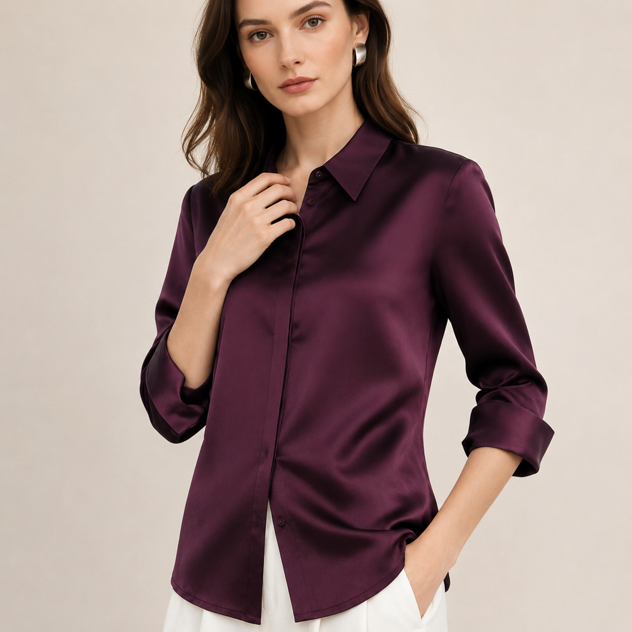 VELSÉE Women’s Silk Satin Button Down Blouse – Luxury Long Sleeve Work Shirt, Mulberry Silk Blend Elegant Office Top