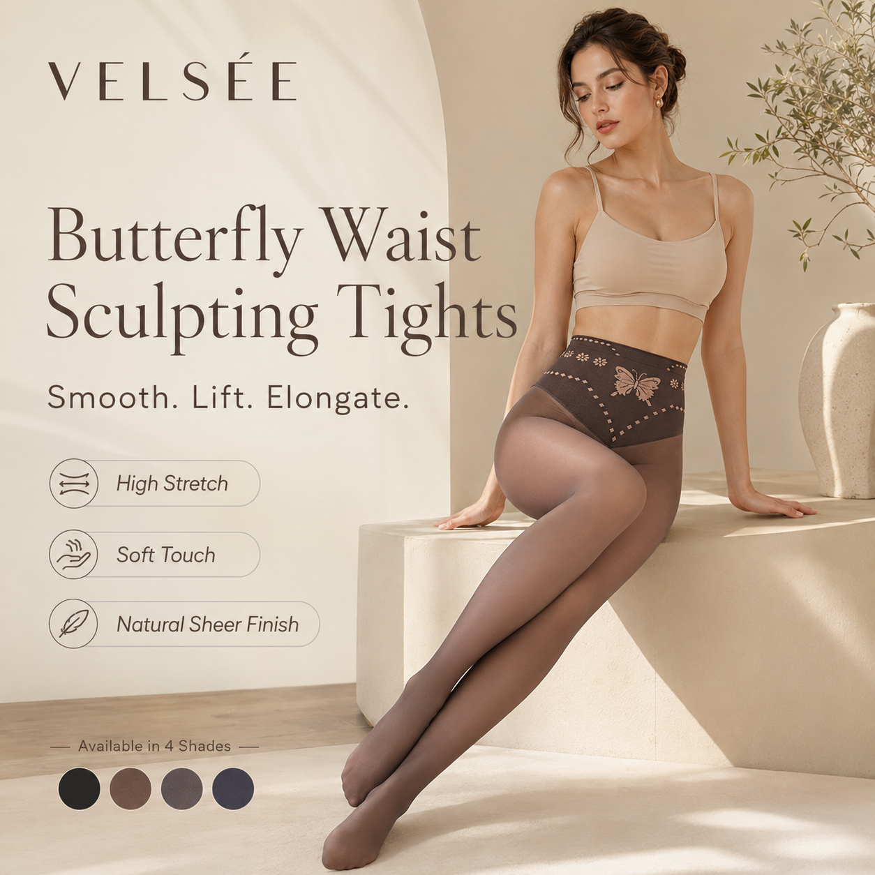 VELSÉE Women’s Butterfly Waist Shaping Tights – High Waisted Sheer Pantyhose, Tummy Control, Anti-Snag, Nude Look Leggings
