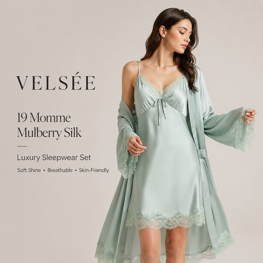 VELSÉE Women’s 19 Momme Mulberry Silk Cami Nightdress and Lace Robe Set, Luxury 2-Piece Silk Loungewear