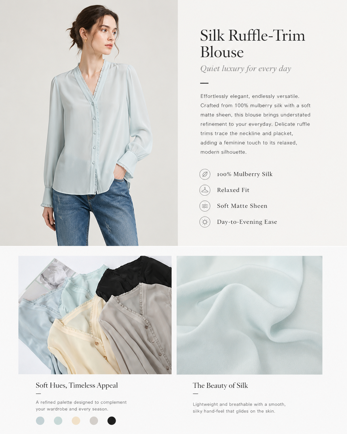 VELSÉE Women's 100% Mulberry Silk Ruffle-Trim V-Neck Blouse Relaxed Fit Long Sleeve Quiet Luxury Shirt