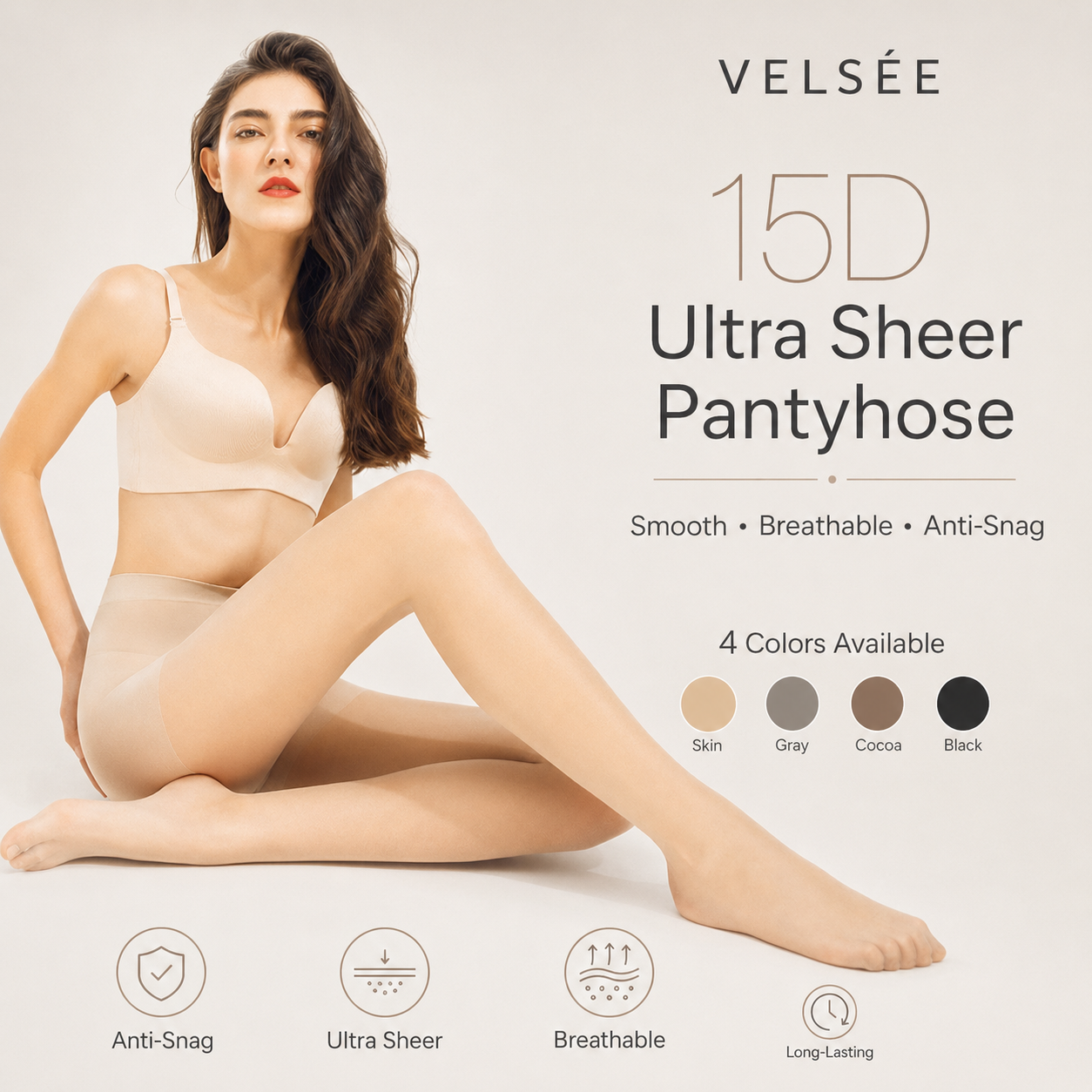 VELSÉE Women's Ultra-Sheer Run-Resistant Pantyhose | No-Slip Waistband Summer Tights