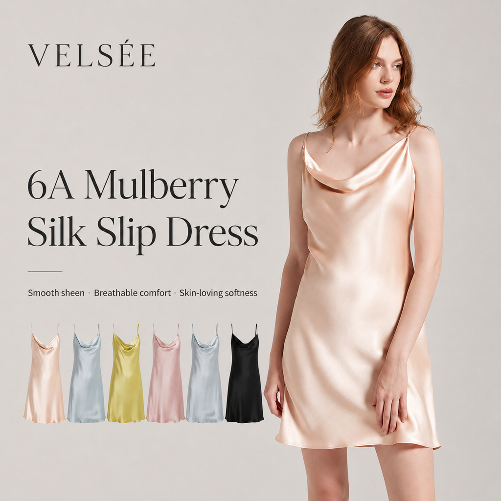 VELSÉE 19 Momme Mulberry Silk Slip Dress for Women – Luxury Cowl Neck Nightgown with Adjustable Straps