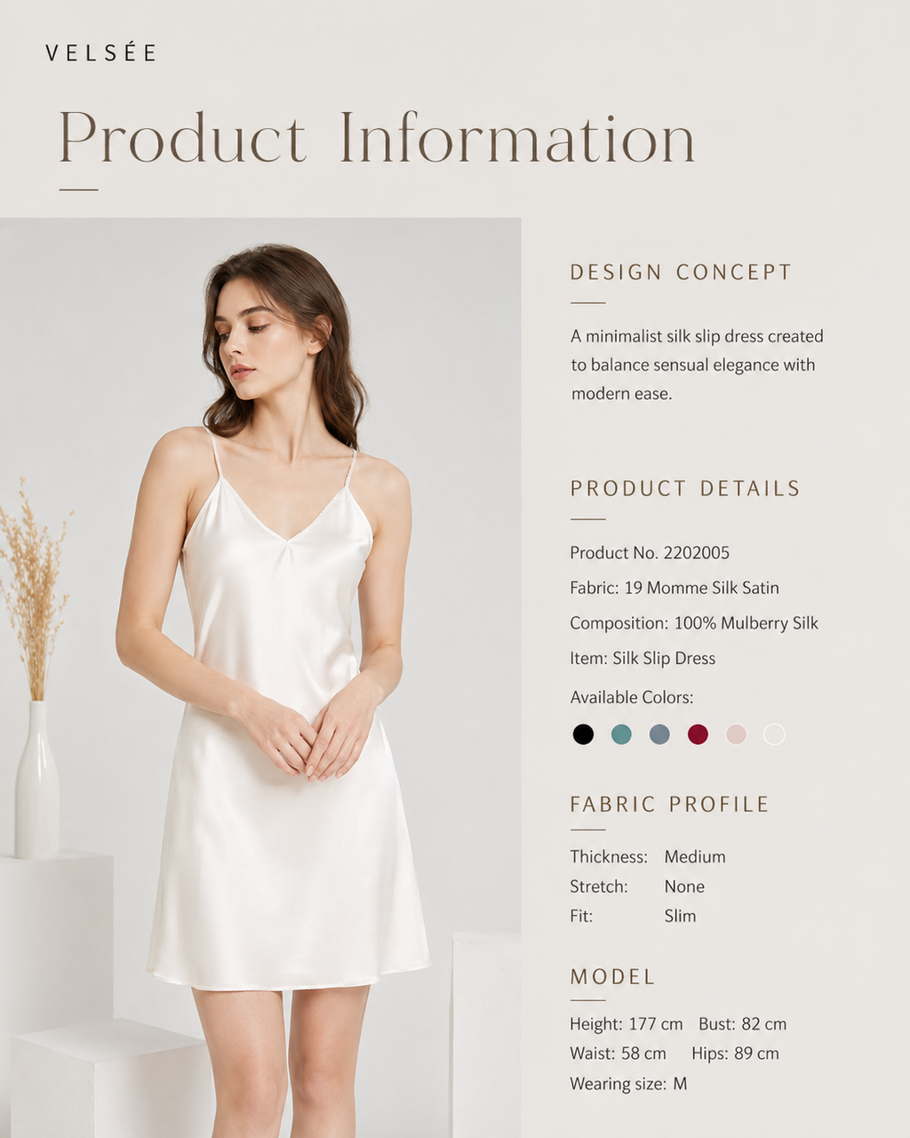 VELSÉE 19 Momme Mulberry Silk Slip Dress for Women, Luxury Satin Nightgown, Adjustable Spaghetti Strap Sleep Dress