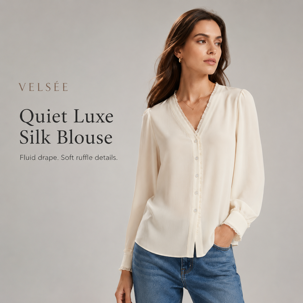 VELSÉE Women's 100% Mulberry Silk Ruffle-Trim V-Neck Blouse Relaxed Fit Long Sleeve Quiet Luxury Shirt