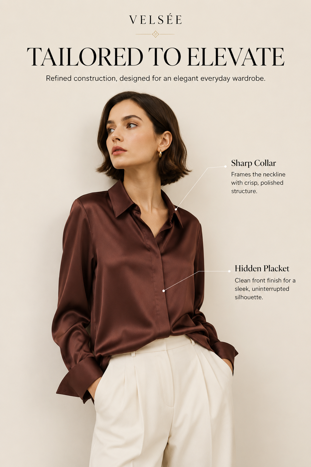 VELSÉE Women’s Silk Satin Button Down Blouse – Luxury Long Sleeve Work Shirt, Mulberry Silk Blend Elegant Office Top