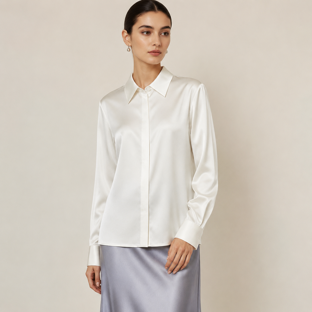 VELSÉE Women’s Silk Satin Button Down Blouse – Luxury Long Sleeve Work Shirt, Mulberry Silk Blend Elegant Office Top