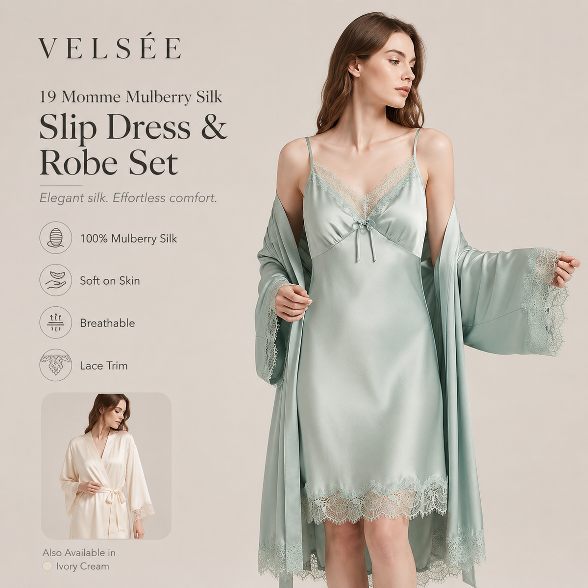 VELSÉE 19 Momme Silk Cami and Lace Robe Set