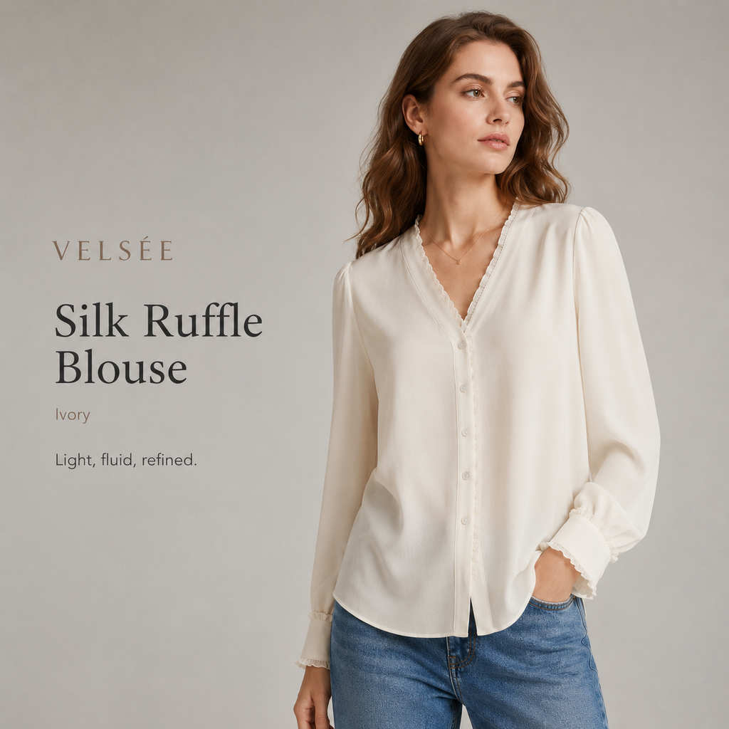 VELSÉE Women's 100% Mulberry Silk Ruffle-Trim V-Neck Blouse Relaxed Fit Long Sleeve Quiet Luxury Shirt
