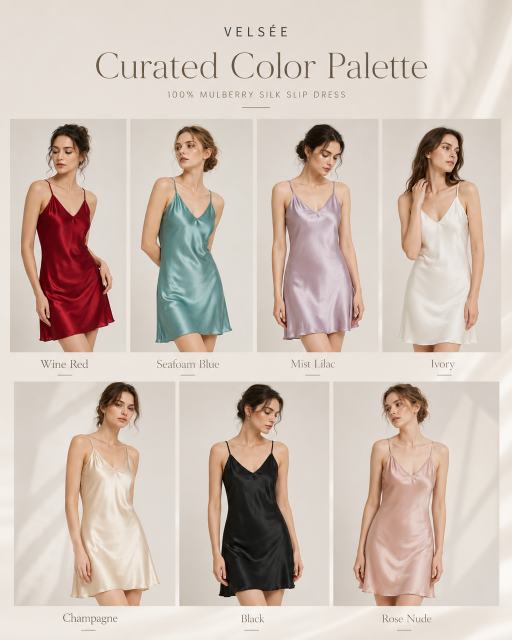 VELSÉE 19 Momme Mulberry Silk Slip Dress for Women, Luxury Satin Nightgown, Adjustable Spaghetti Strap Sleep Dress