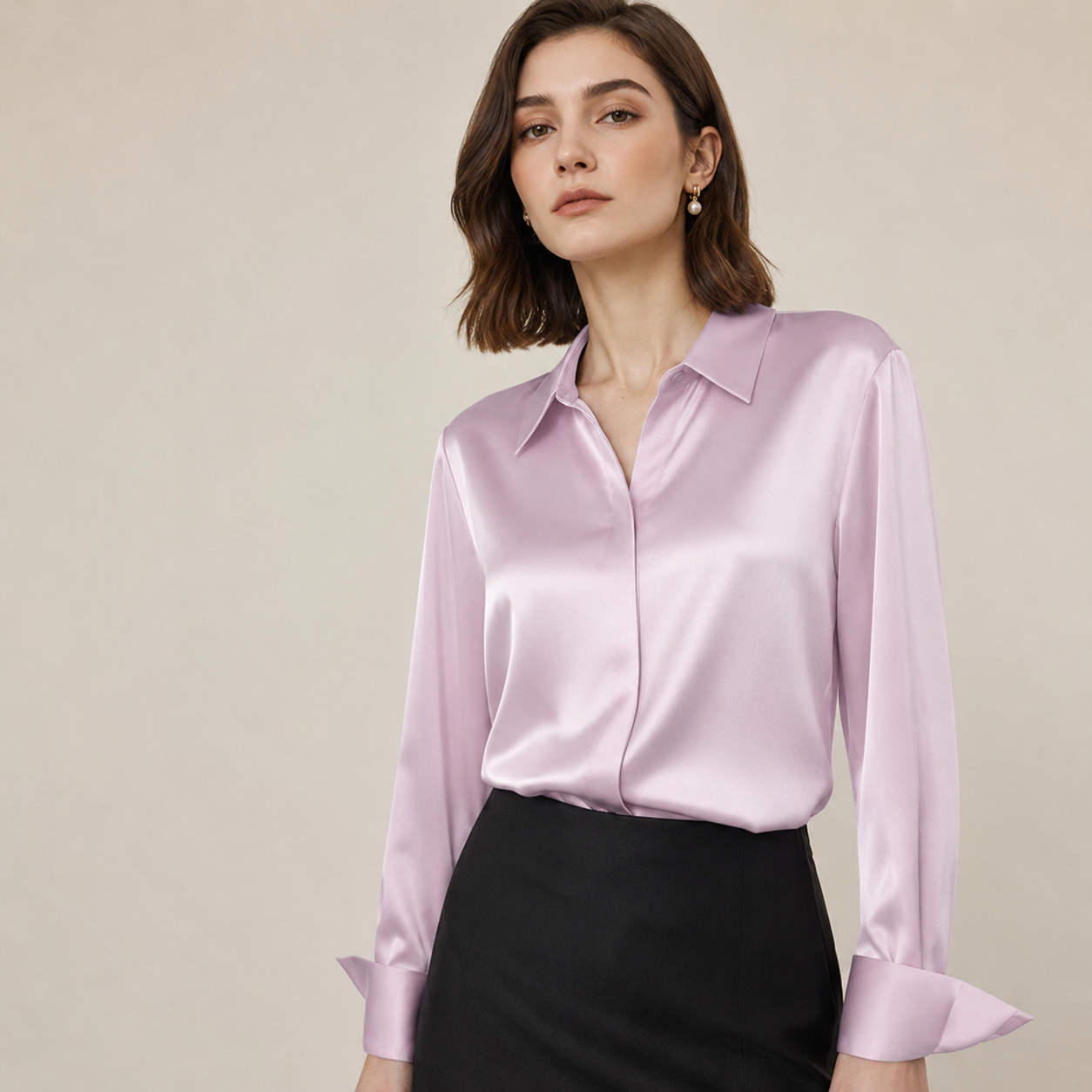VELSÉE Women’s Silk Satin Button Down Blouse – Luxury Long Sleeve Work Shirt, Mulberry Silk Blend Elegant Office Top