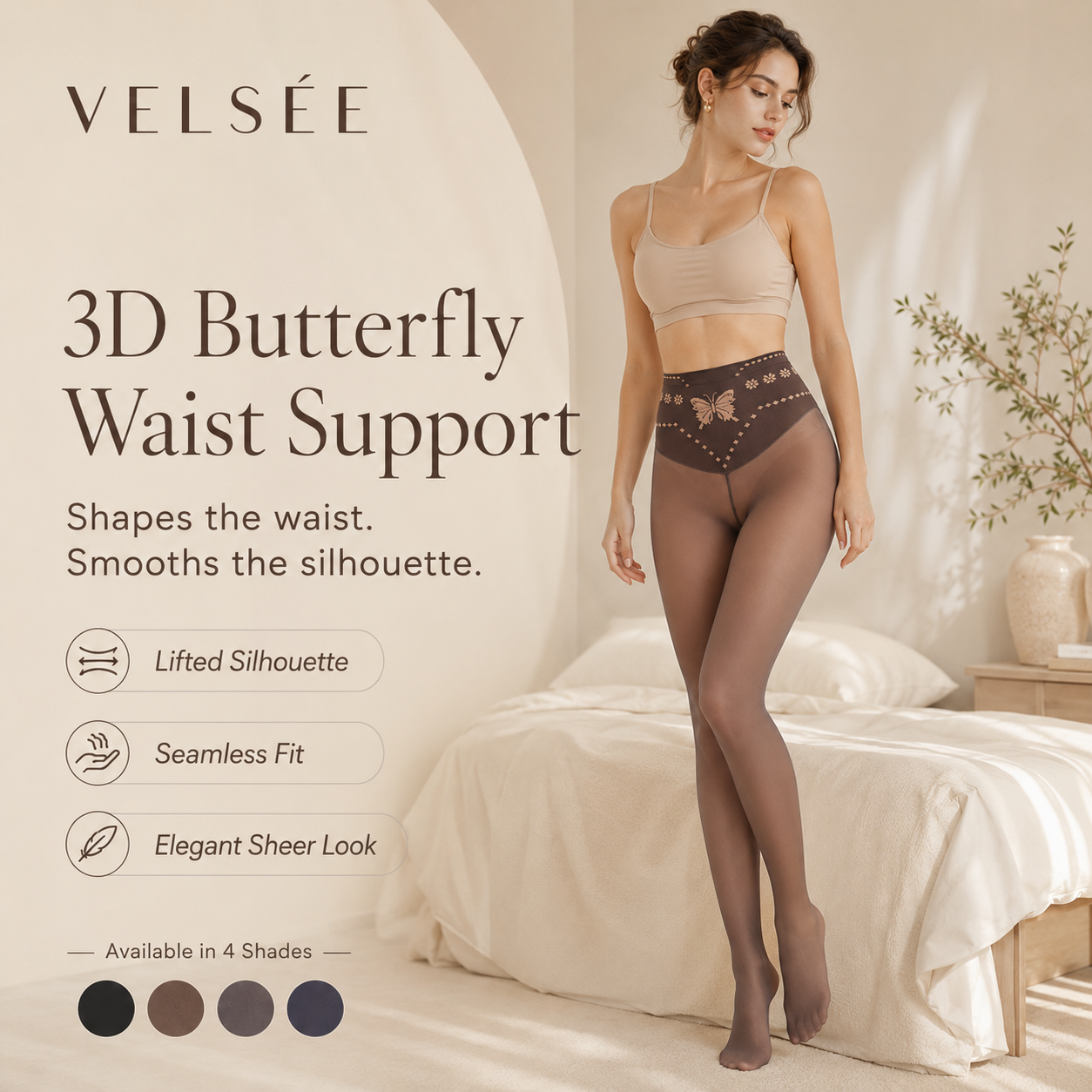 VELSÉE Women’s Butterfly Waist Shaping Tights – High Waisted Sheer Pantyhose, Tummy Control, Anti-Snag, Nude Look Leggings