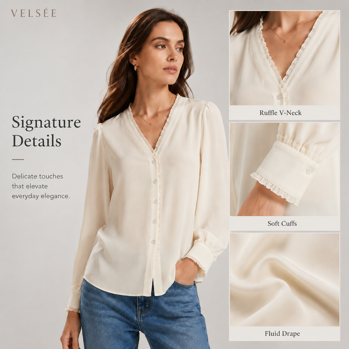 VELSÉE 100% Mulberry Silk Ruffle-Trim V-Neck Blouse