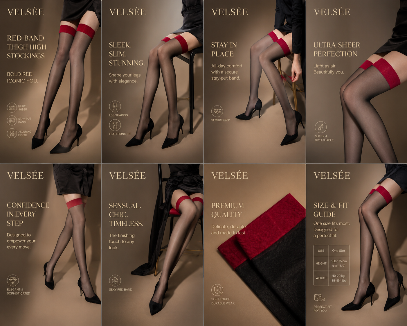 VELSÉE Women's Red Band Black Thigh High Stockings | Ultra-Sheer Stay-Up Silk Hosiery