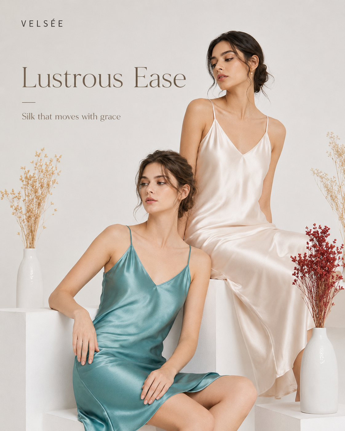 VELSÉE 19 Momme Mulberry Silk Slip Dress for Women, Luxury Satin Nightgown, Adjustable Spaghetti Strap Sleep Dress