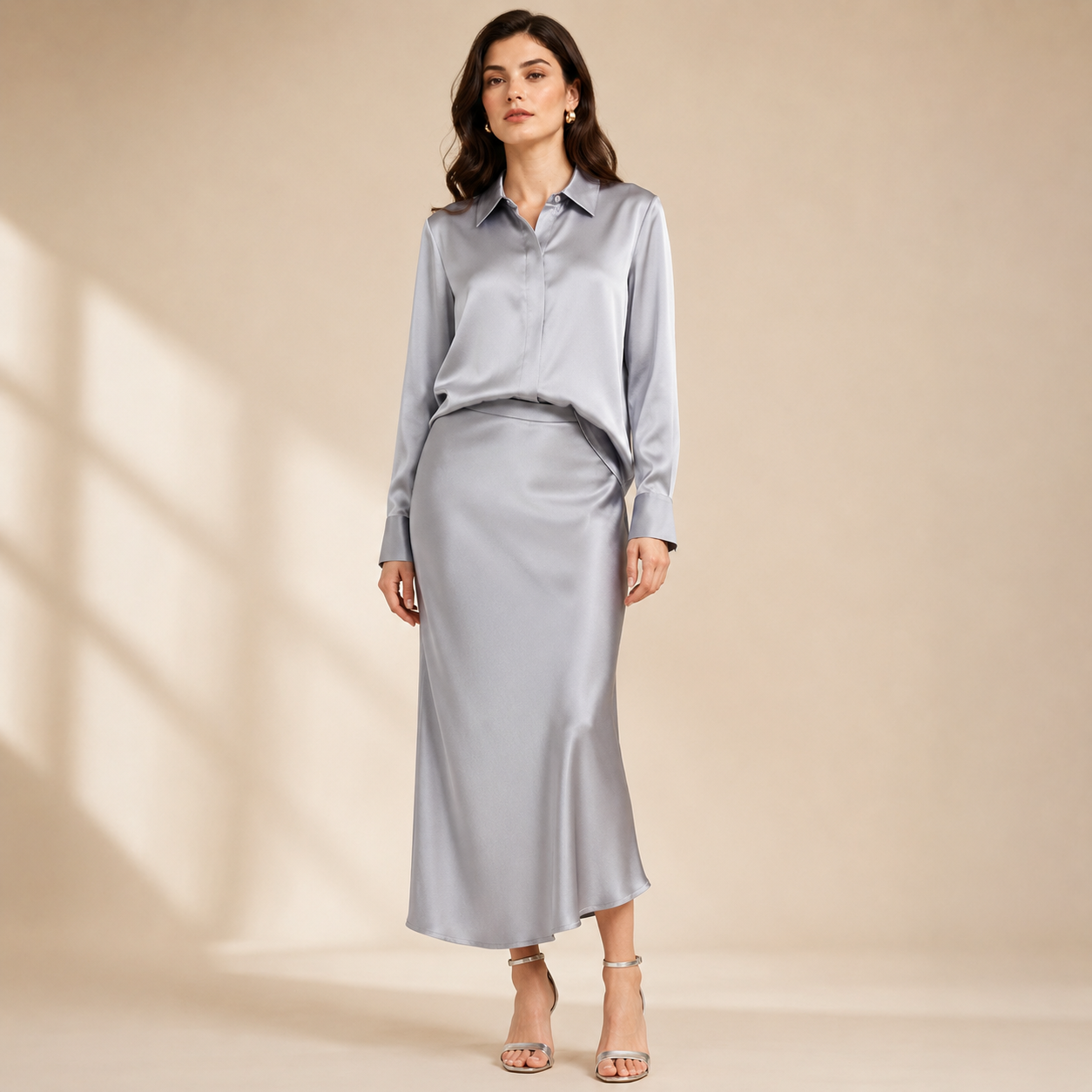 VELSÉE Women’s Silk Satin Button Down Blouse – Luxury Long Sleeve Work Shirt, Mulberry Silk Blend Elegant Office Top