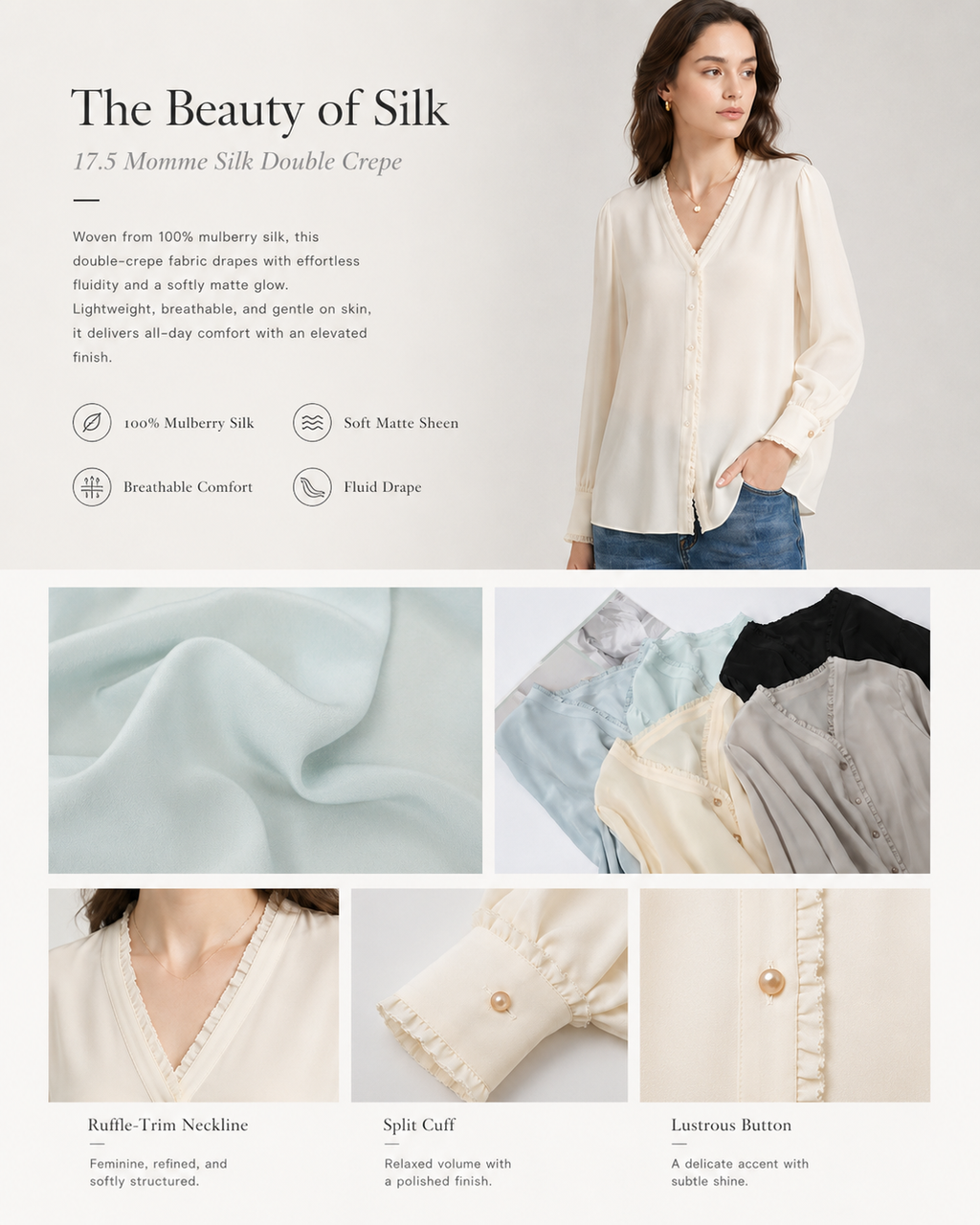 VELSÉE Women's 100% Mulberry Silk Ruffle-Trim V-Neck Blouse Relaxed Fit Long Sleeve Quiet Luxury Shirt