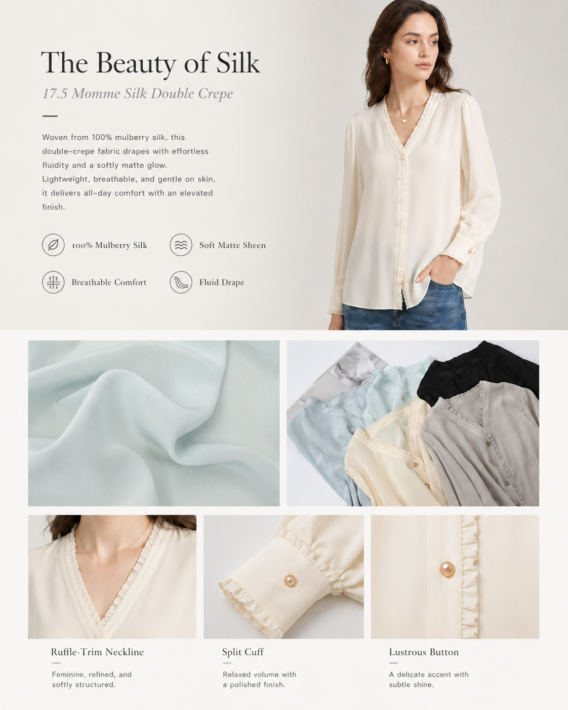 VELSÉE Women's 100% Mulberry Silk Ruffle-Trim V-Neck Blouse Relaxed Fit Long Sleeve Quiet Luxury Shirt