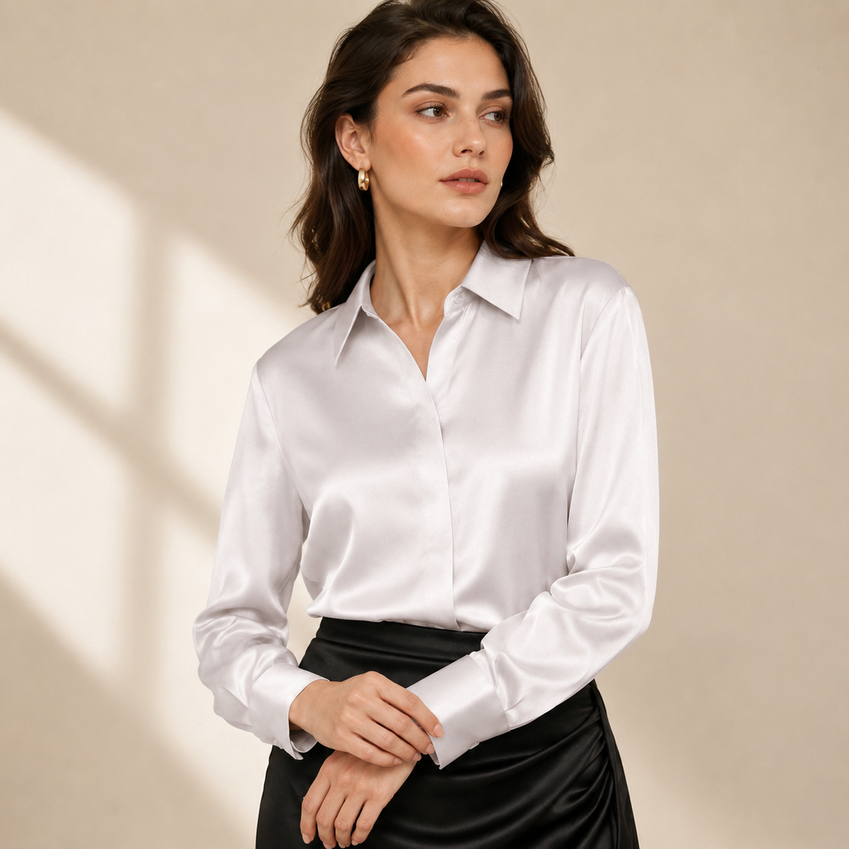 VELSÉE Silk Satin Button Down Blouse