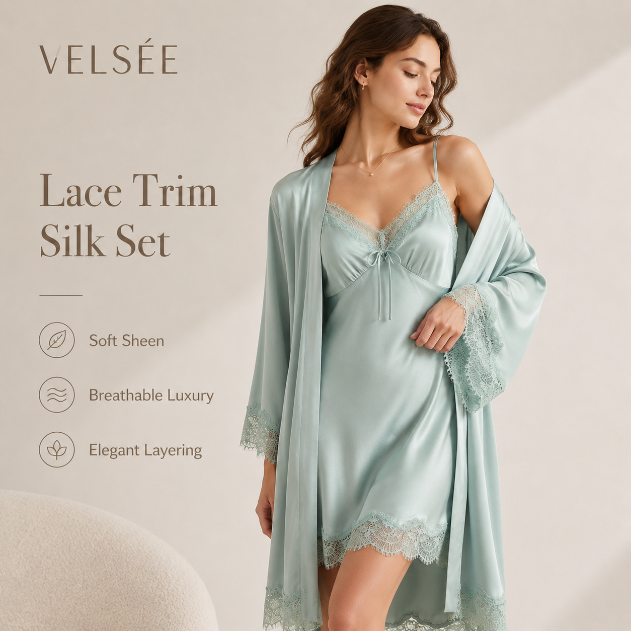 VELSÉE Women’s 19 Momme Mulberry Silk Cami Nightdress and Lace Robe Set, Luxury 2-Piece Silk Loungewear
