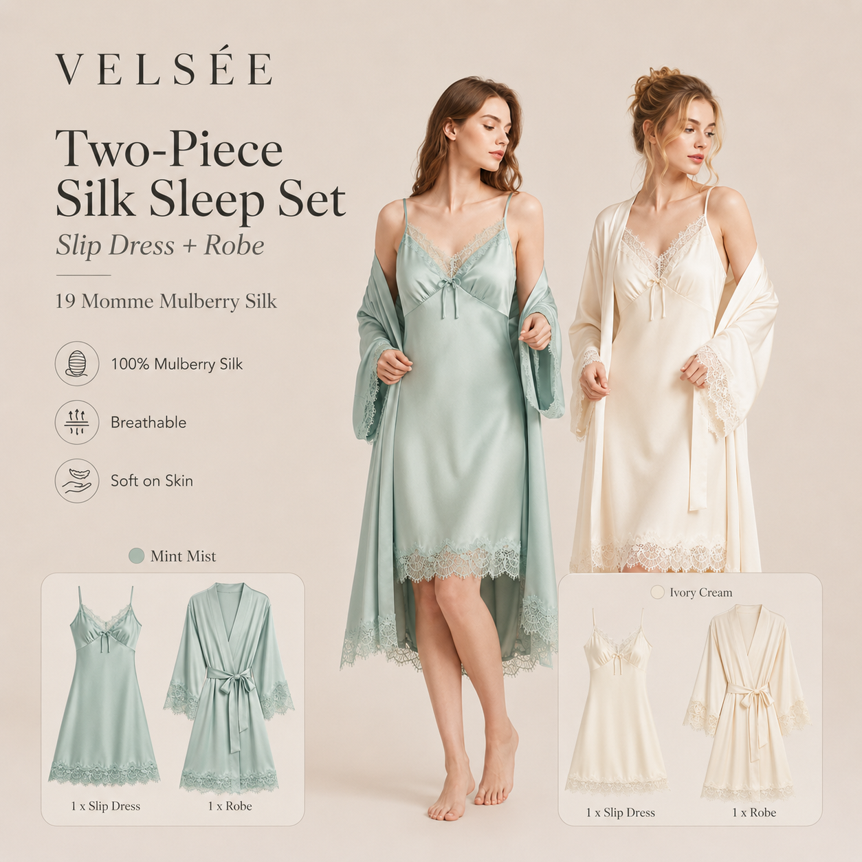 VELSÉE Women’s 19 Momme Mulberry Silk Cami Nightdress and Lace Robe Set, Luxury 2-Piece Silk Loungewear