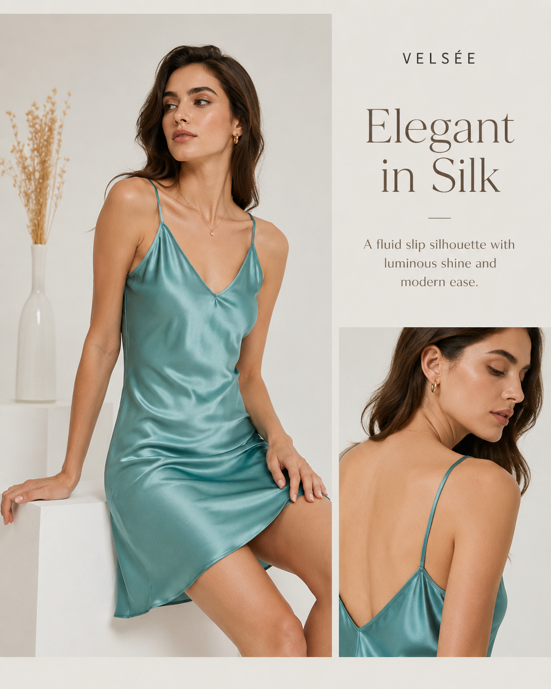 VELSÉE 19 Momme Mulberry Silk Slip Dress for Women, Luxury Satin Nightgown, Adjustable Spaghetti Strap Sleep Dress