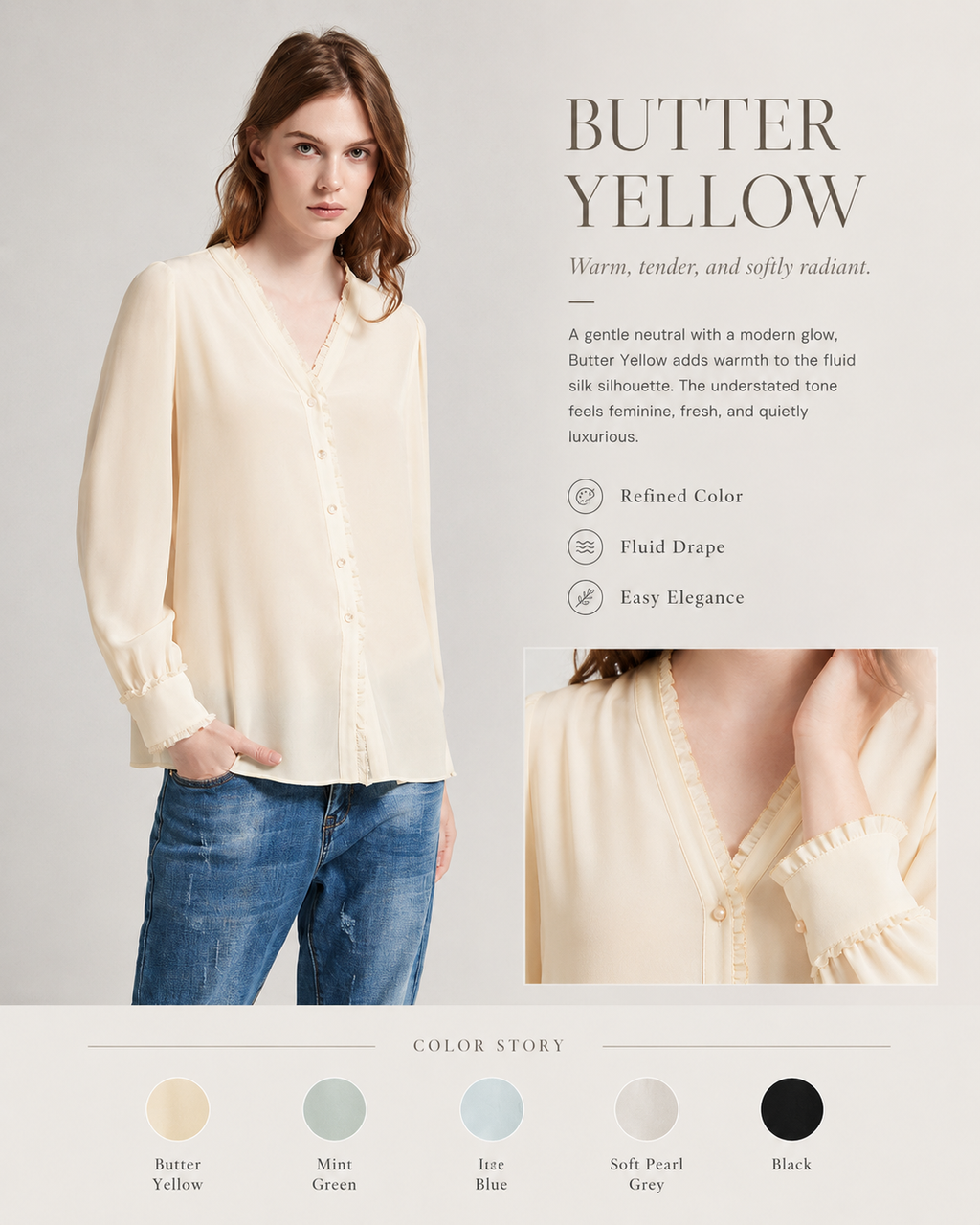 VELSÉE Women's 100% Mulberry Silk Ruffle-Trim V-Neck Blouse Relaxed Fit Long Sleeve Quiet Luxury Shirt