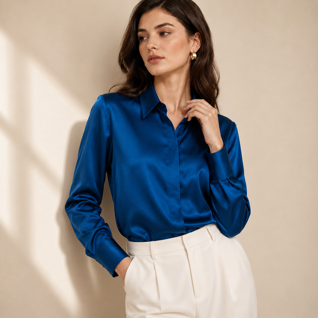 VELSÉE Women’s Silk Satin Button Down Blouse – Luxury Long Sleeve Work Shirt, Mulberry Silk Blend Elegant Office Top