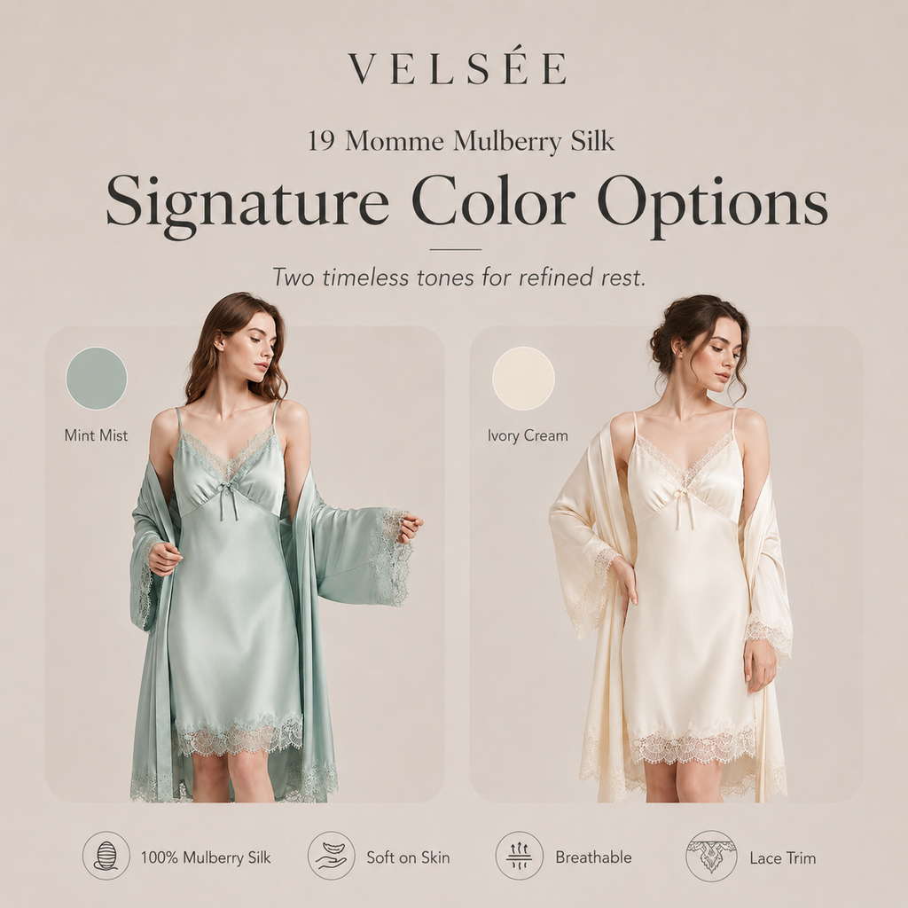 VELSÉE Women’s 19 Momme Mulberry Silk Cami Nightdress and Lace Robe Set, Luxury 2-Piece Silk Loungewear