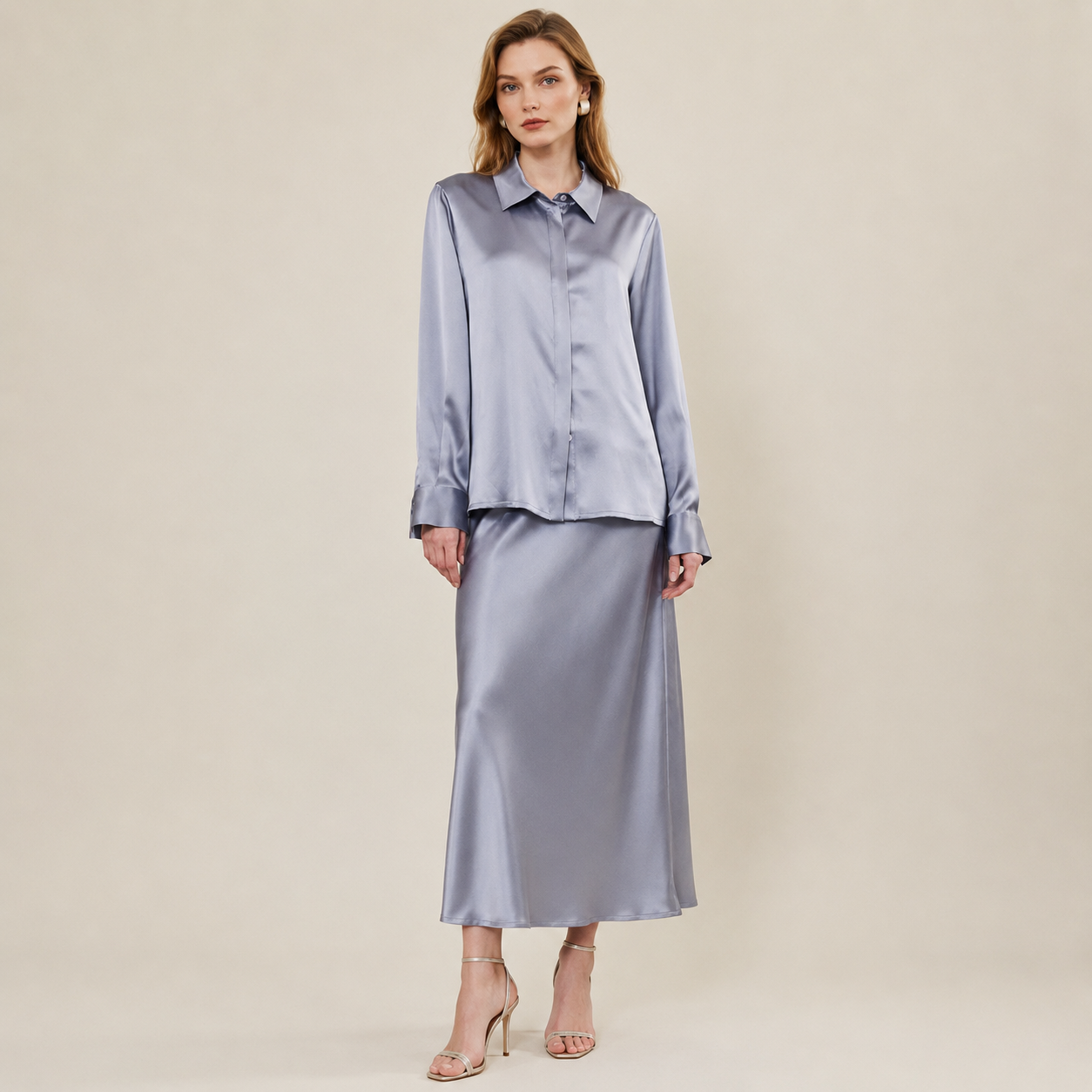 VELSÉE Women’s Silk Satin Button Down Blouse – Luxury Long Sleeve Work Shirt, Mulberry Silk Blend Elegant Office Top