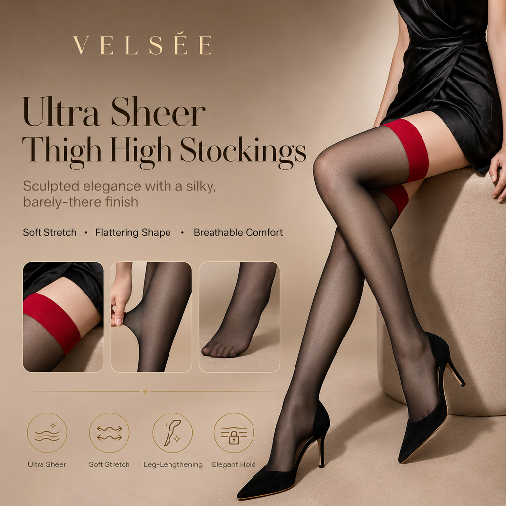 VELSÉE Women's Red Band Black Thigh High Stockings | Ultra-Sheer Stay-Up Silk Hosiery