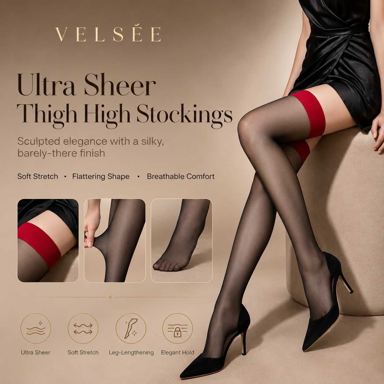 VELSÉE Women's Red Band Black Thigh High Stockings | Ultra-Sheer Stay-Up Silk Hosiery