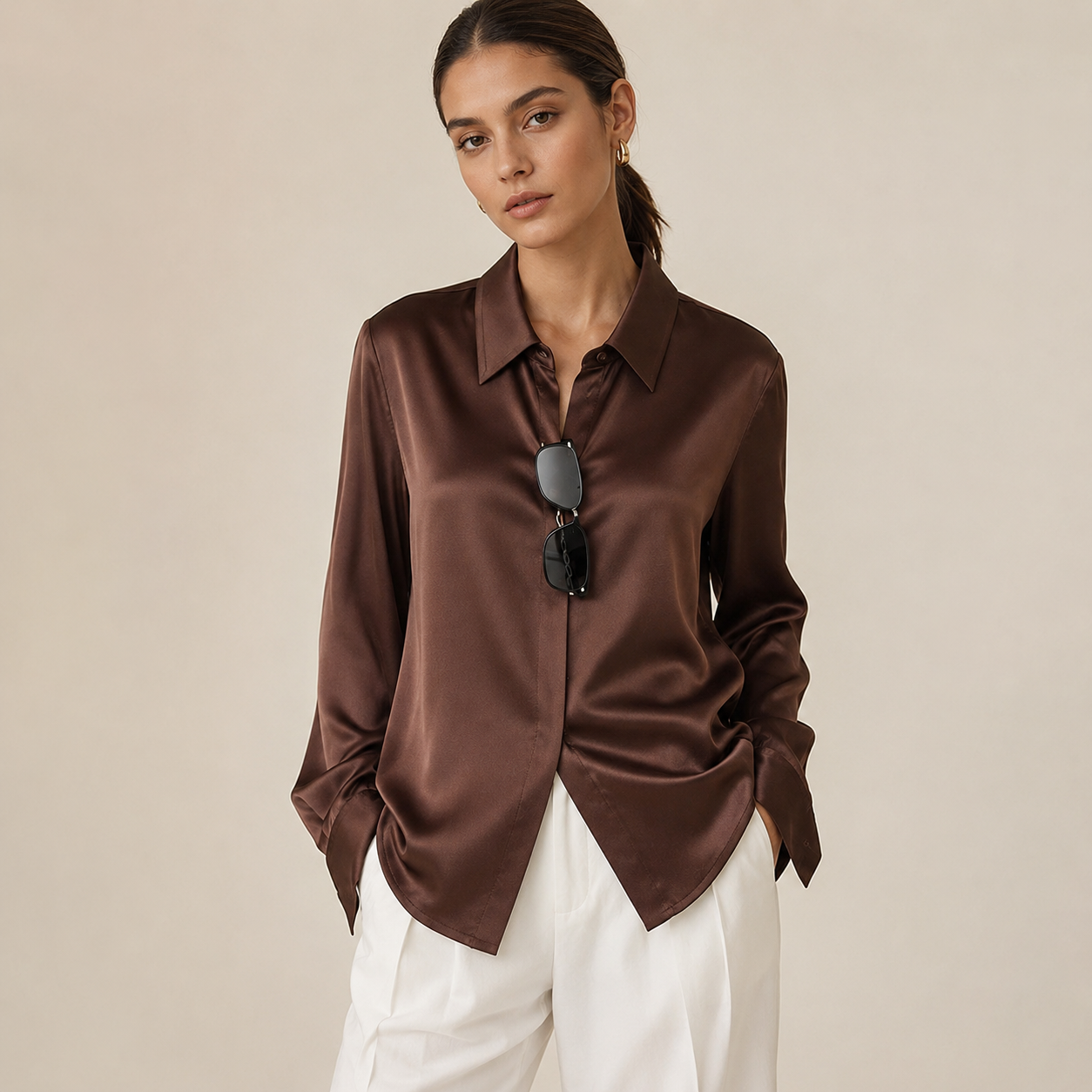 VELSÉE Women’s Silk Satin Button Down Blouse – Luxury Long Sleeve Work Shirt, Mulberry Silk Blend Elegant Office Top