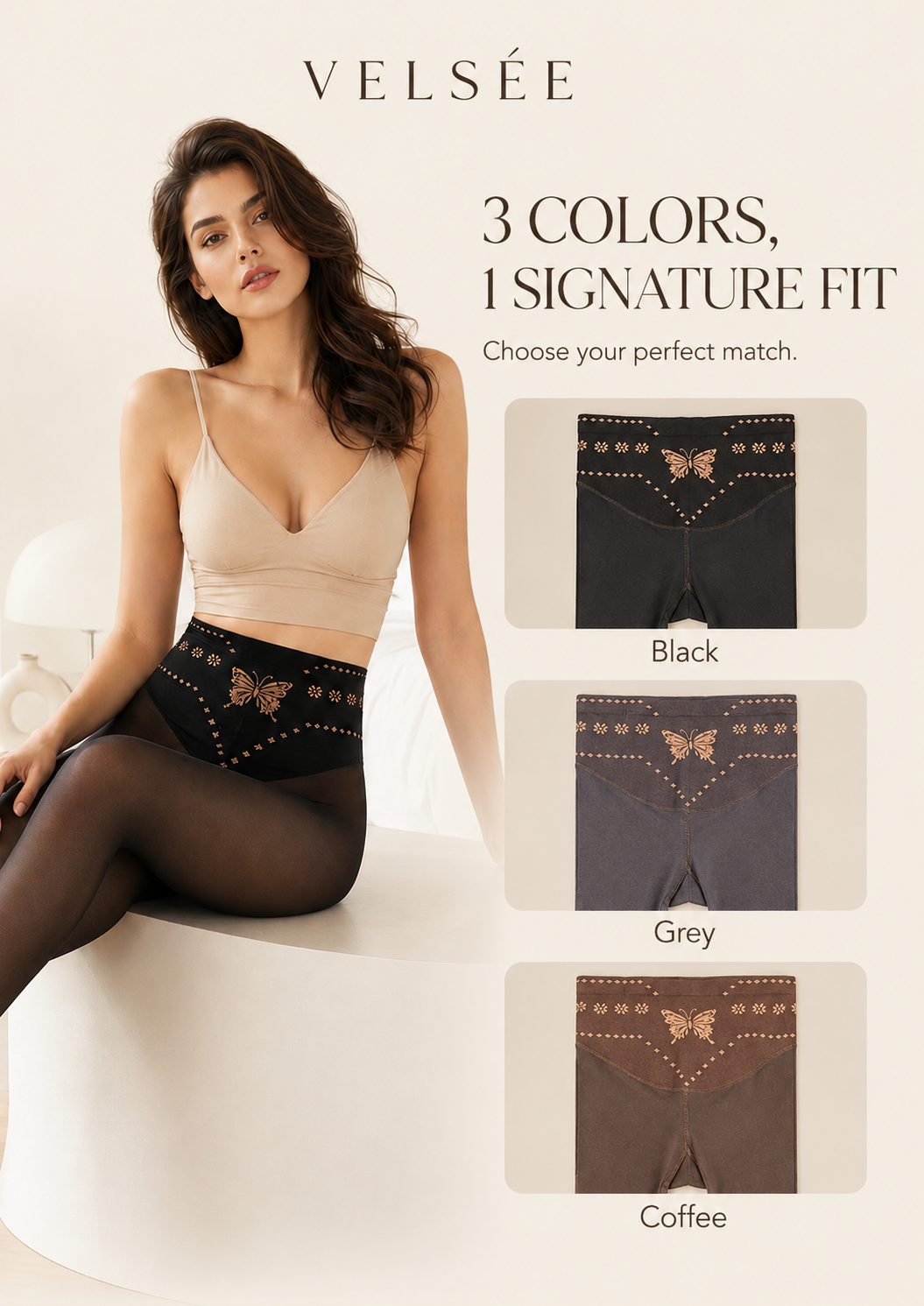 VELSÉE Women’s Butterfly Waist Shaping Tights – High Waisted Sheer Pantyhose, Tummy Control, Anti-Snag, Nude Look Leggings