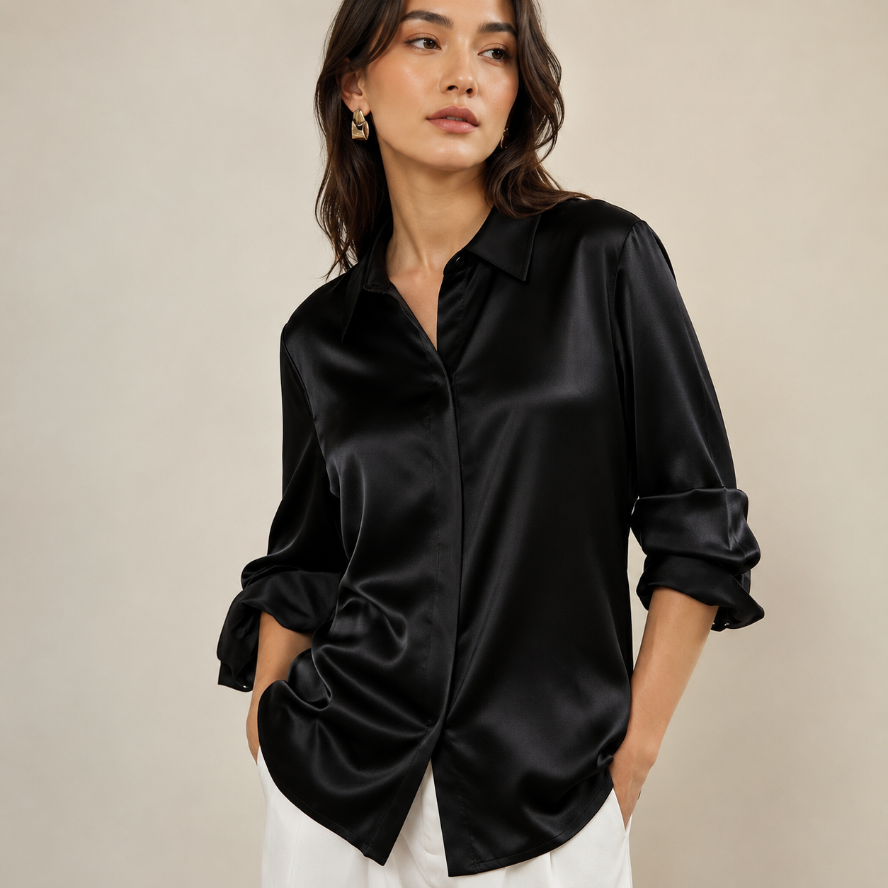 VELSÉE Women’s Silk Satin Button Down Blouse – Luxury Long Sleeve Work Shirt, Mulberry Silk Blend Elegant Office Top