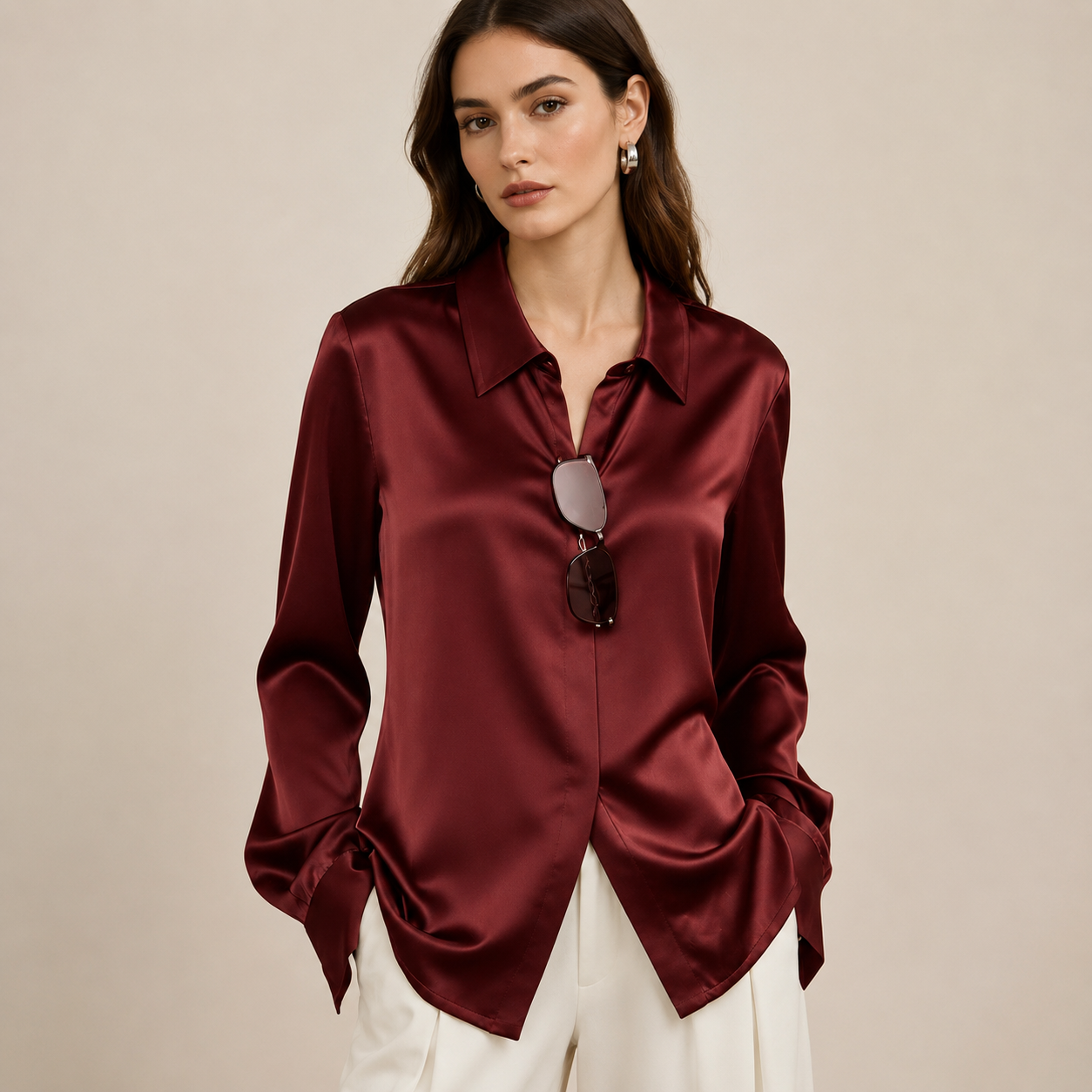 VELSÉE Women’s Silk Satin Button Down Blouse – Luxury Long Sleeve Work Shirt, Mulberry Silk Blend Elegant Office Top