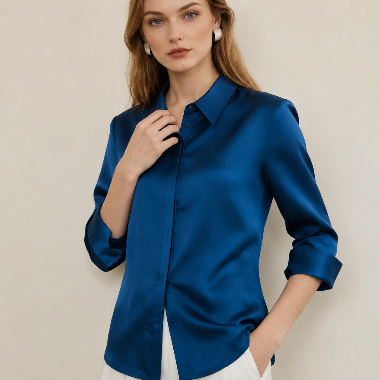 VELSÉE Women’s Silk Satin Button Down Blouse – Luxury Long Sleeve Work Shirt, Mulberry Silk Blend Elegant Office Top